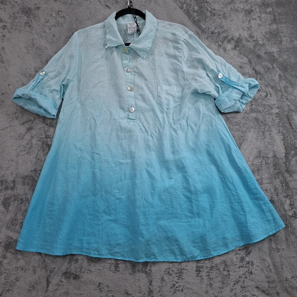 Match Point USA Dress Women S Tunic Blue 100% Linen Lagenlook Roll‎ Tab Pocket